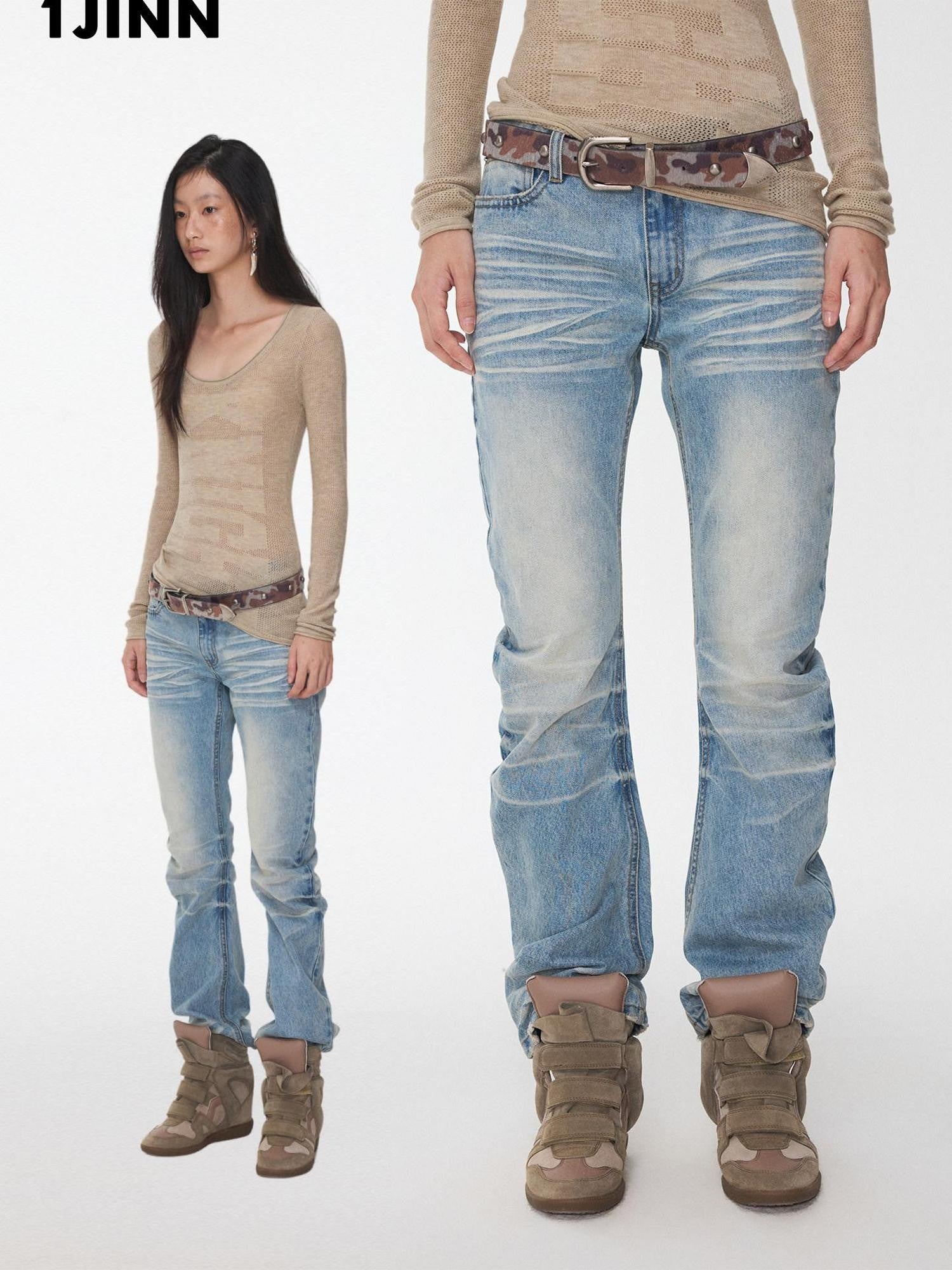 1JINN STUDIO Vintage Pleated Washed Whisker Low Waist Slim Women&
