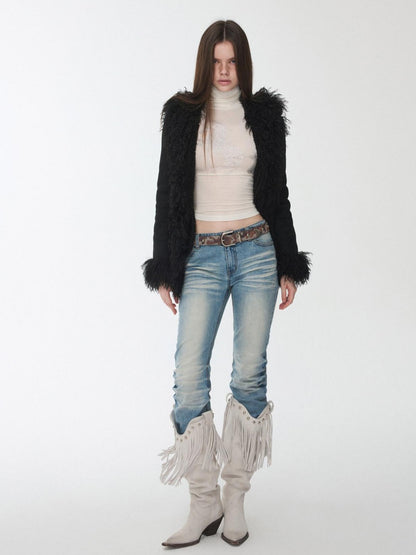 1JINN STUDIO Vintage Pleated Washed Whisker Low Waist Slim Women&