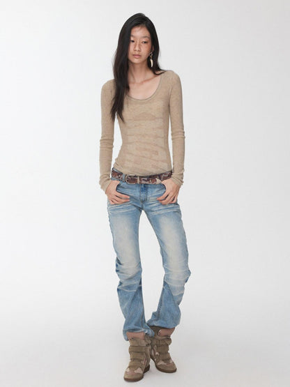 1JINN STUDIO Vintage Pleated Washed Whisker Low Waist Slim Women&