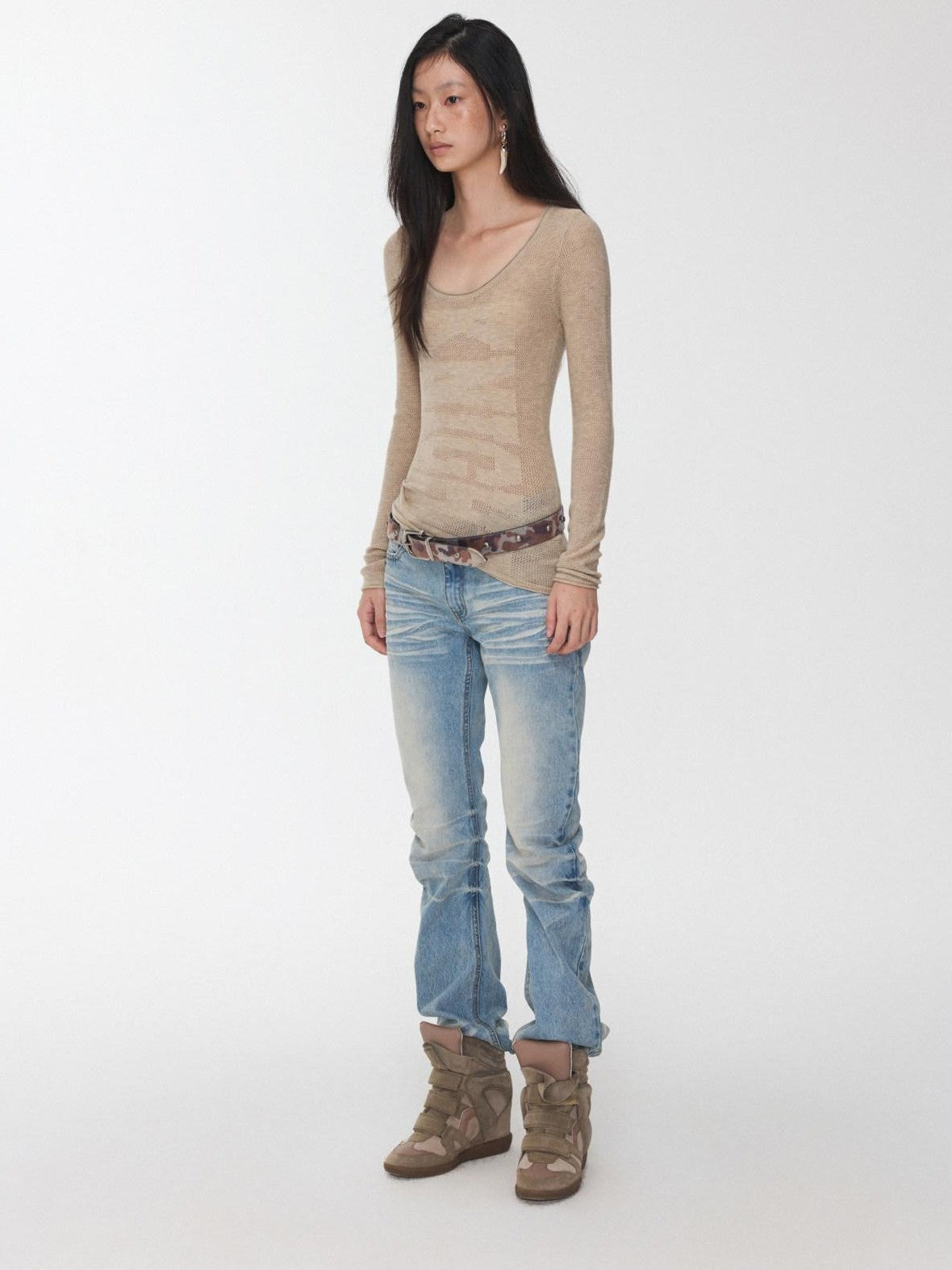 1JINN STUDIO Vintage Pleated Washed Whisker Low Waist Slim Women&