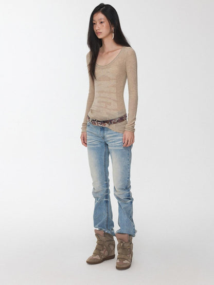 1JINN STUDIO Vintage Pleated Washed Whisker Low Waist Slim Women&