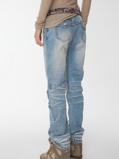 1JINN STUDIO Vintage Pleated Washed Whisker Low Waist Slim Women&