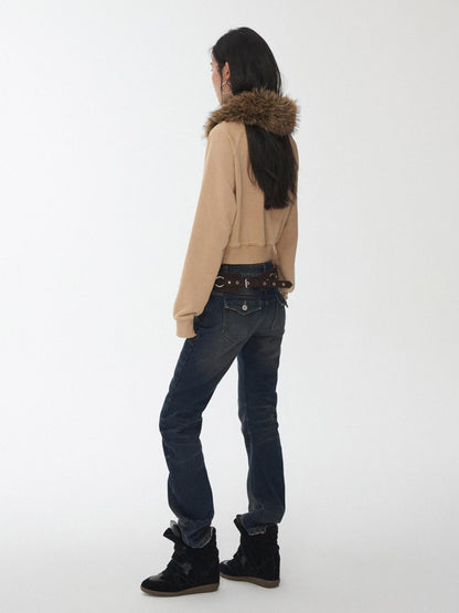 1JINN STUDIO Vintage Pleated Washed Whisker Low Waist Slim Women&