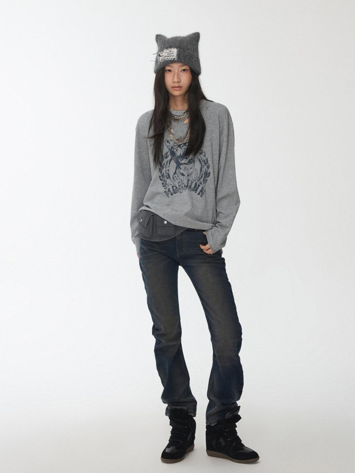 1JINN STUDIO Vintage Pleated Washed Whisker Low Waist Slim Women&