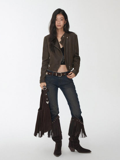 1JINN STUDIO Vintage Pleated Washed Whisker Low Waist Slim Women&