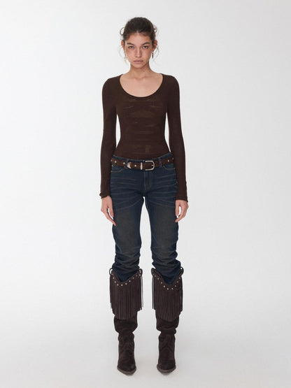 1JINN STUDIO Vintage Pleated Washed Whisker Low Waist Slim Women&