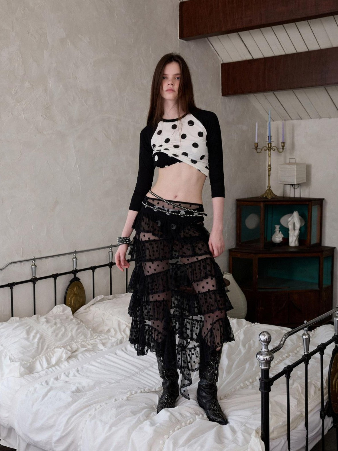 1JINN STUDIO Vintage Polka Dot Asymmetrical Puffy Cake Women&