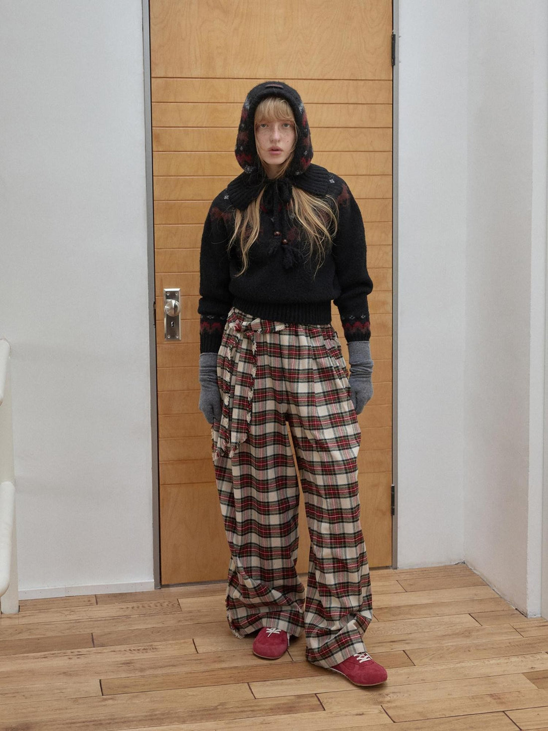 1JINN STUDIO Vintage Red Plaid Brushed Tie Waist High Rise Women&