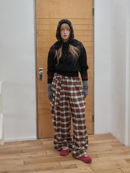 1JINN STUDIO Vintage Red Plaid Brushed Tie Waist High Rise Women&