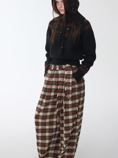 1JINN STUDIO Vintage Red Plaid Brushed Tie Waist High Rise Women&