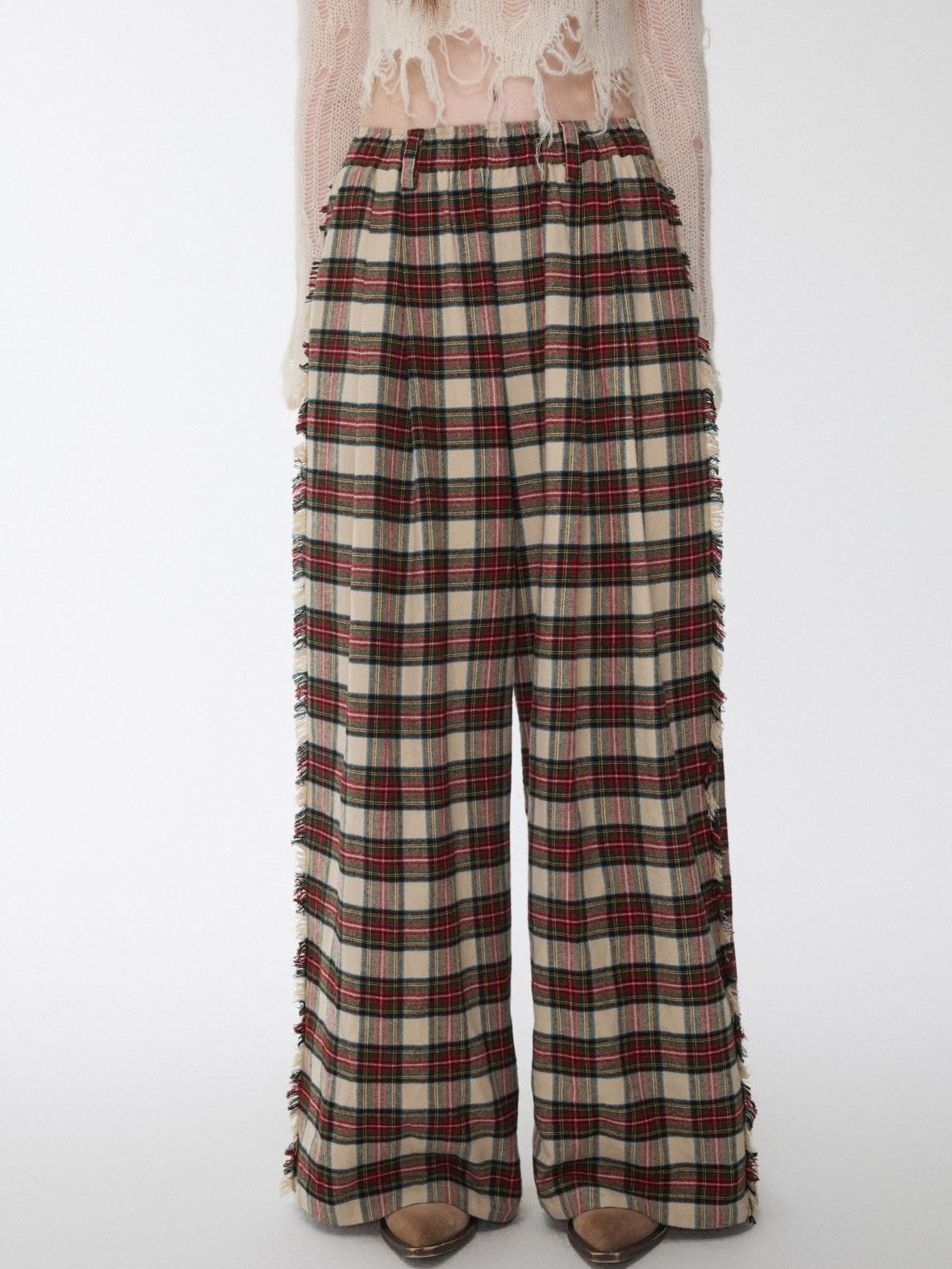 1JINN STUDIO Vintage Red Plaid Brushed Tie Waist High Rise Women&