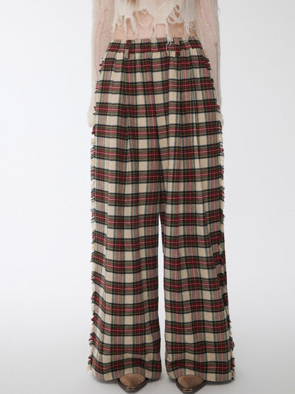 1JINN STUDIO Vintage Red Plaid Brushed Tie Waist High Rise Women&