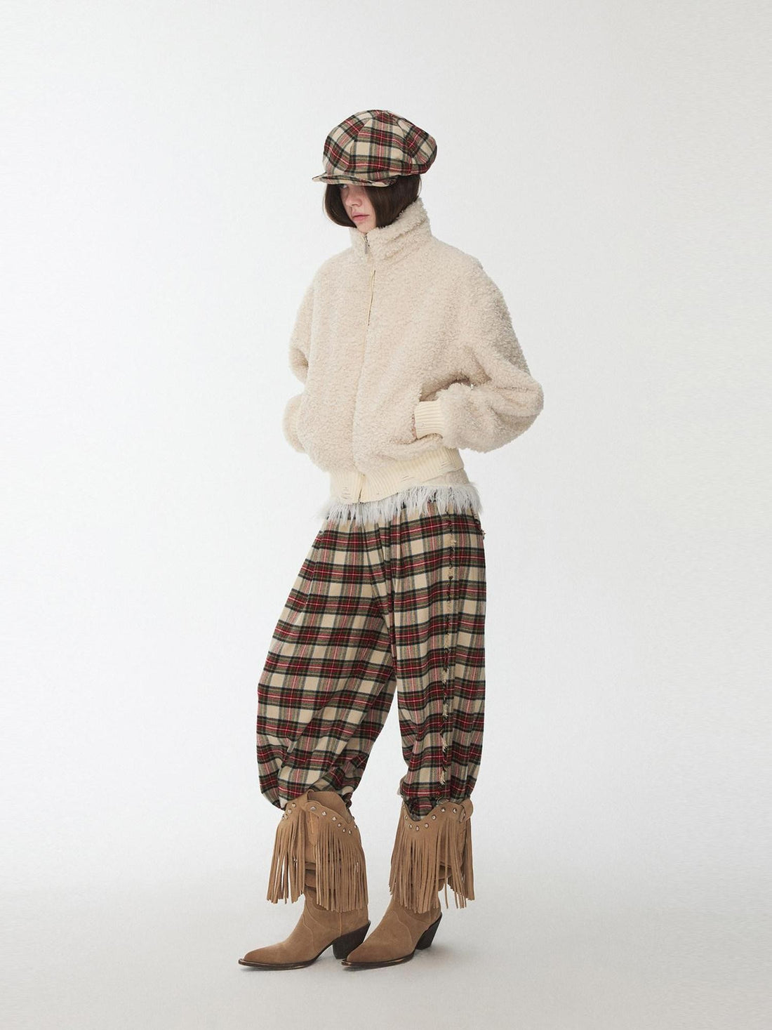 1JINN STUDIO Vintage Red Plaid Brushed Tie Waist High Rise Women&