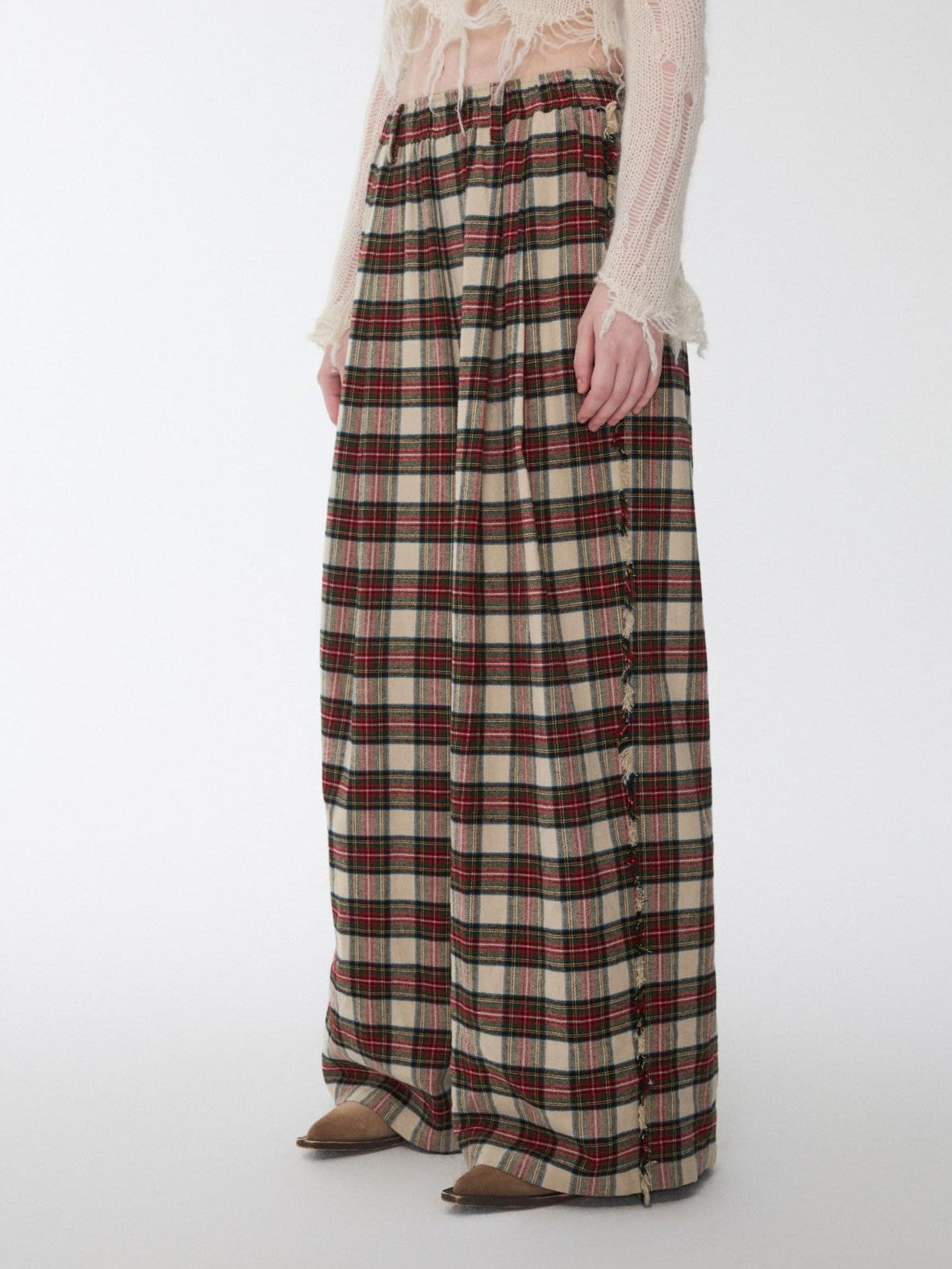 1JINN STUDIO Vintage Red Plaid Brushed Tie Waist High Rise Women&