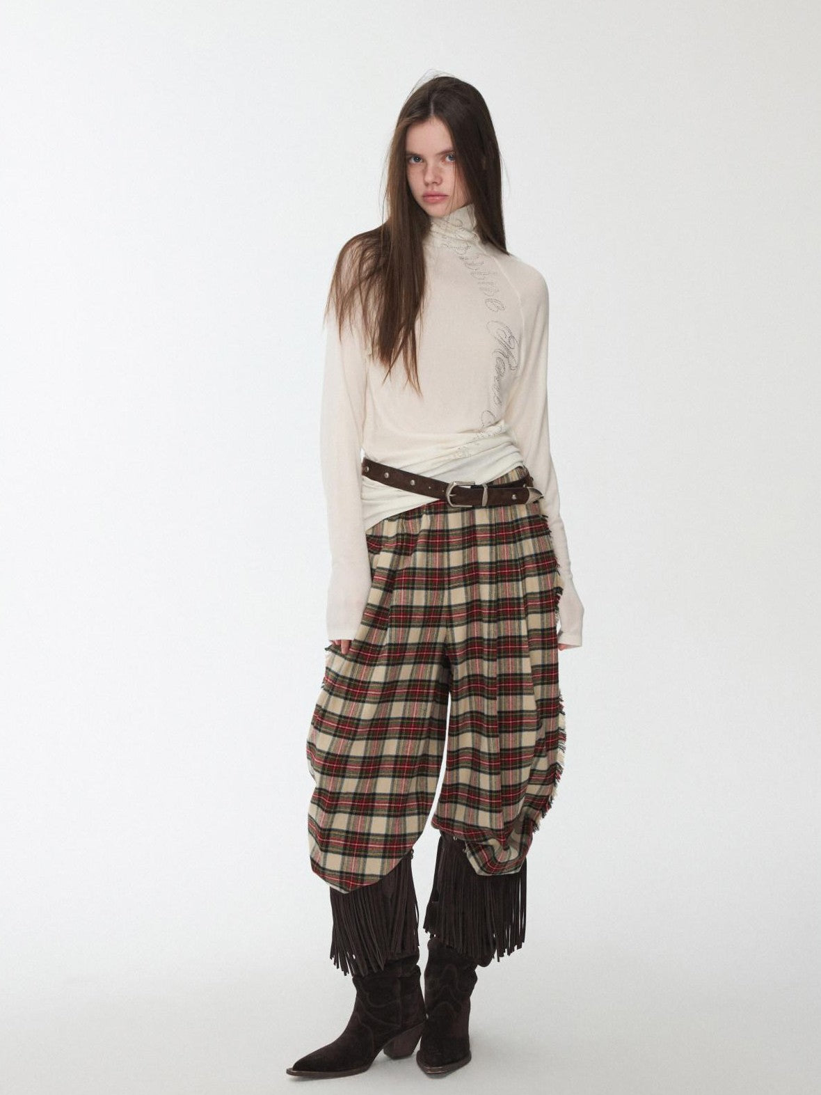 1JINN STUDIO Vintage Red Plaid Brushed Tie Waist High Rise Women&