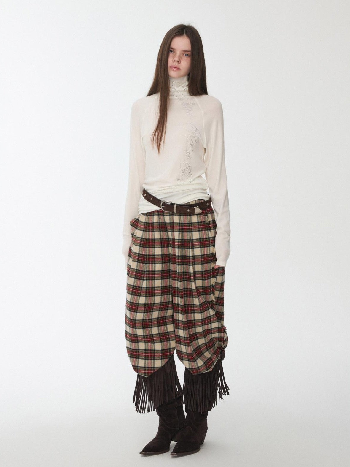 1JINN STUDIO Vintage Red Plaid Brushed Tie Waist High Rise Women&