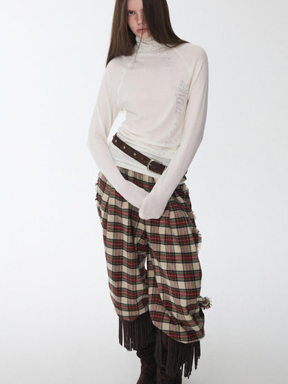 1JINN STUDIO Vintage Red Plaid Brushed Tie Waist High Rise Women&