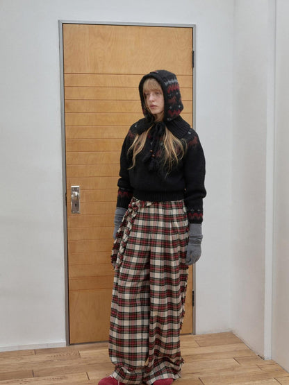 1JINN STUDIO Vintage Red Plaid Brushed Tie Waist High Rise Women&