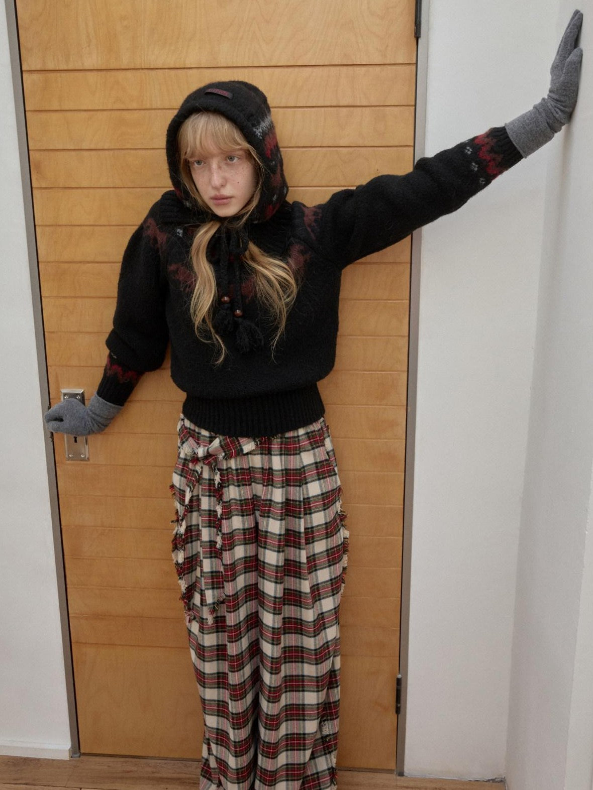 1JINN STUDIO Vintage Red Plaid Brushed Tie Waist High Rise Women&