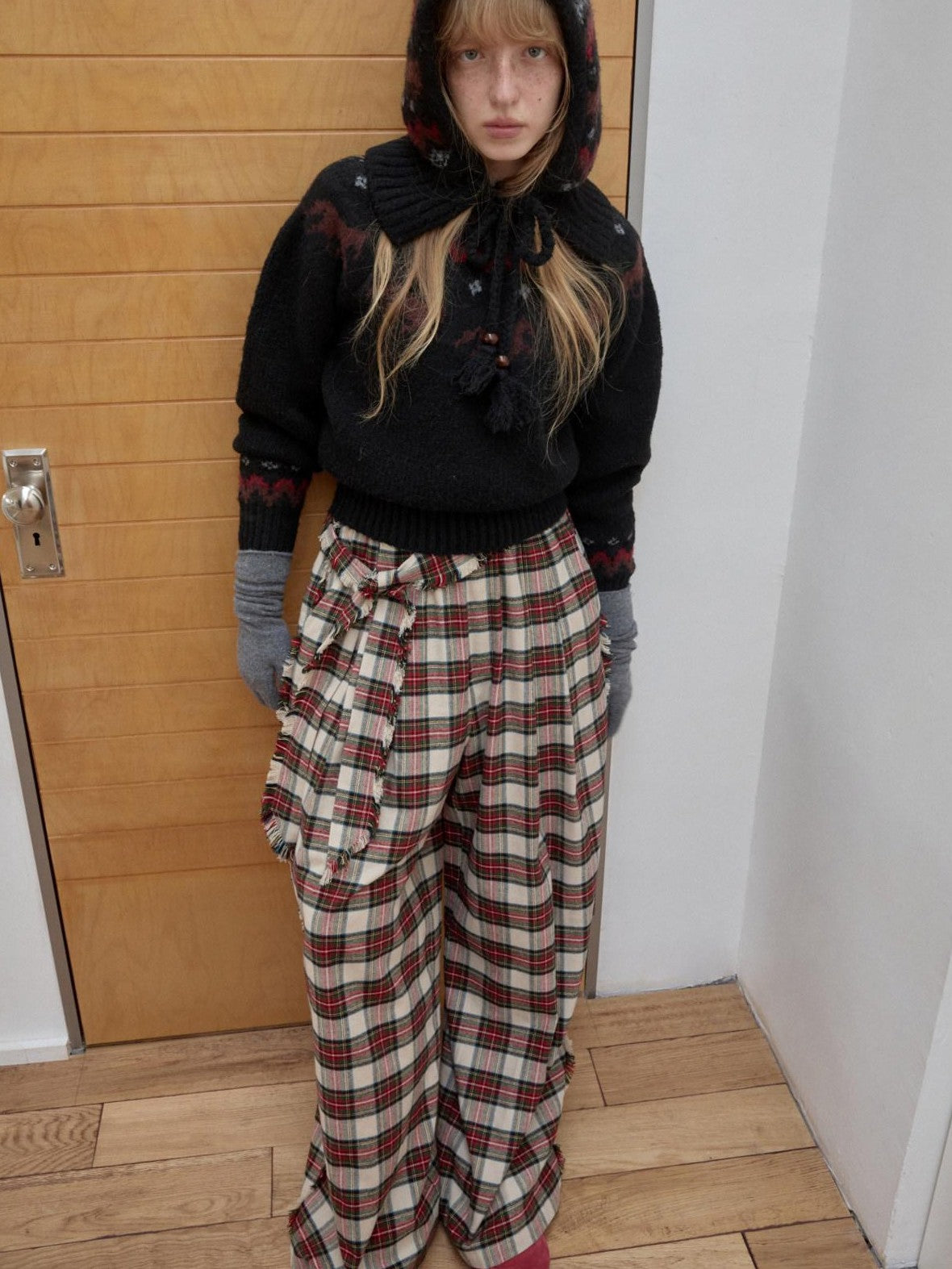 1JINN STUDIO Vintage Red Plaid Brushed Tie Waist High Rise Women&