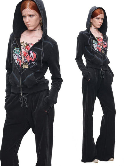 1JINN STUDIO Vintage Retro Washed Allover Graphic Print Women&
