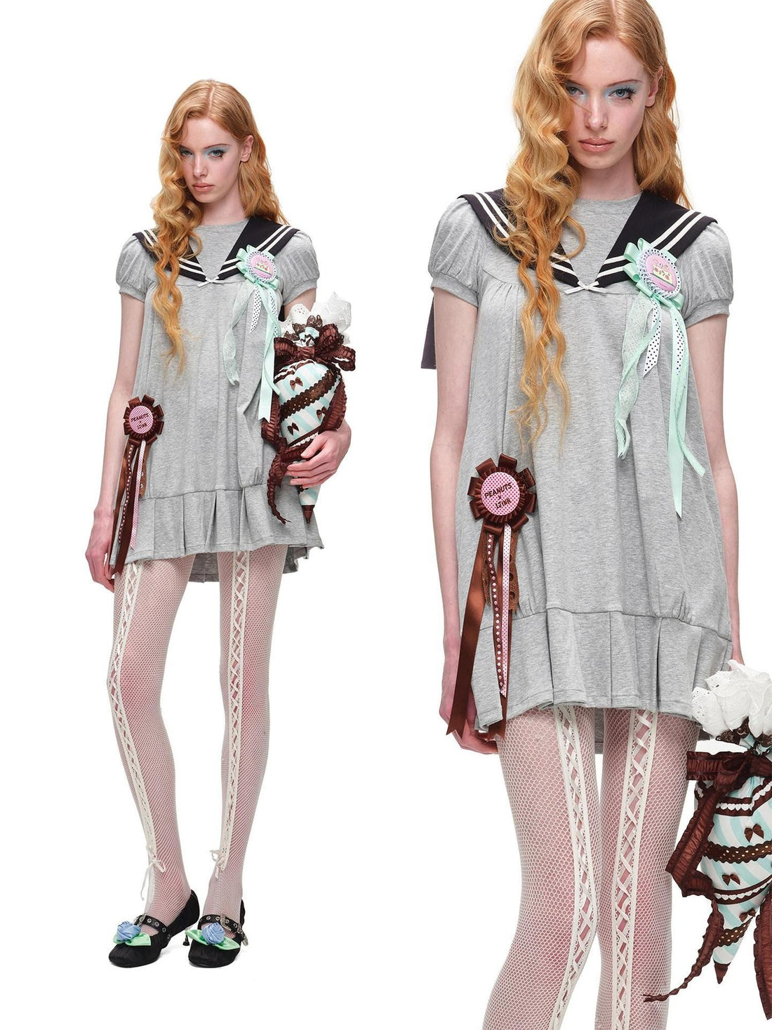 1JINN STUDIO Vintage Sailor Collar Puff Sleeve H Line Women&