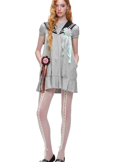 1JINN STUDIO Vintage Sailor Collar Puff Sleeve H Line Women&