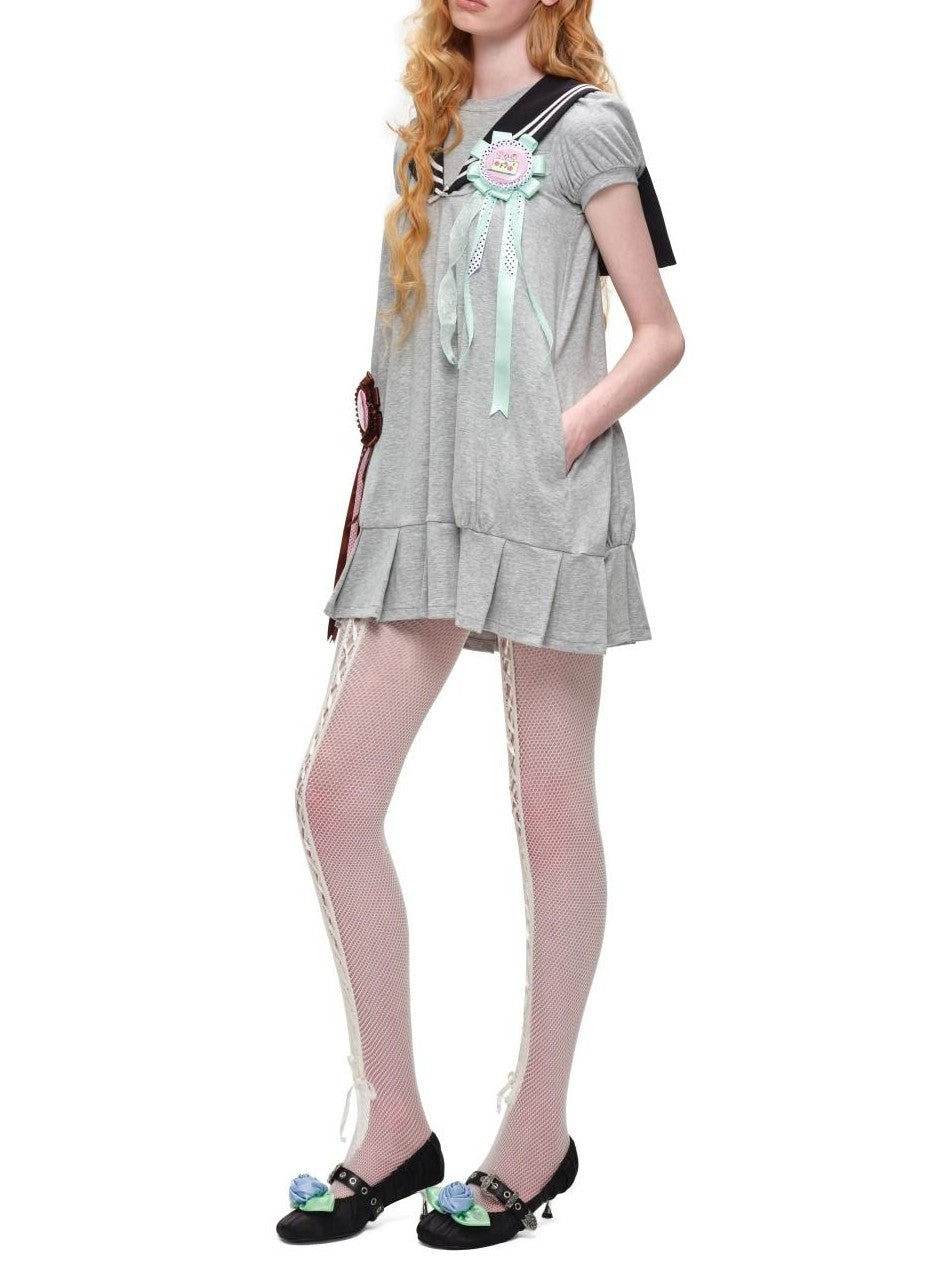 1JINN STUDIO Vintage Sailor Collar Puff Sleeve H Line Women&