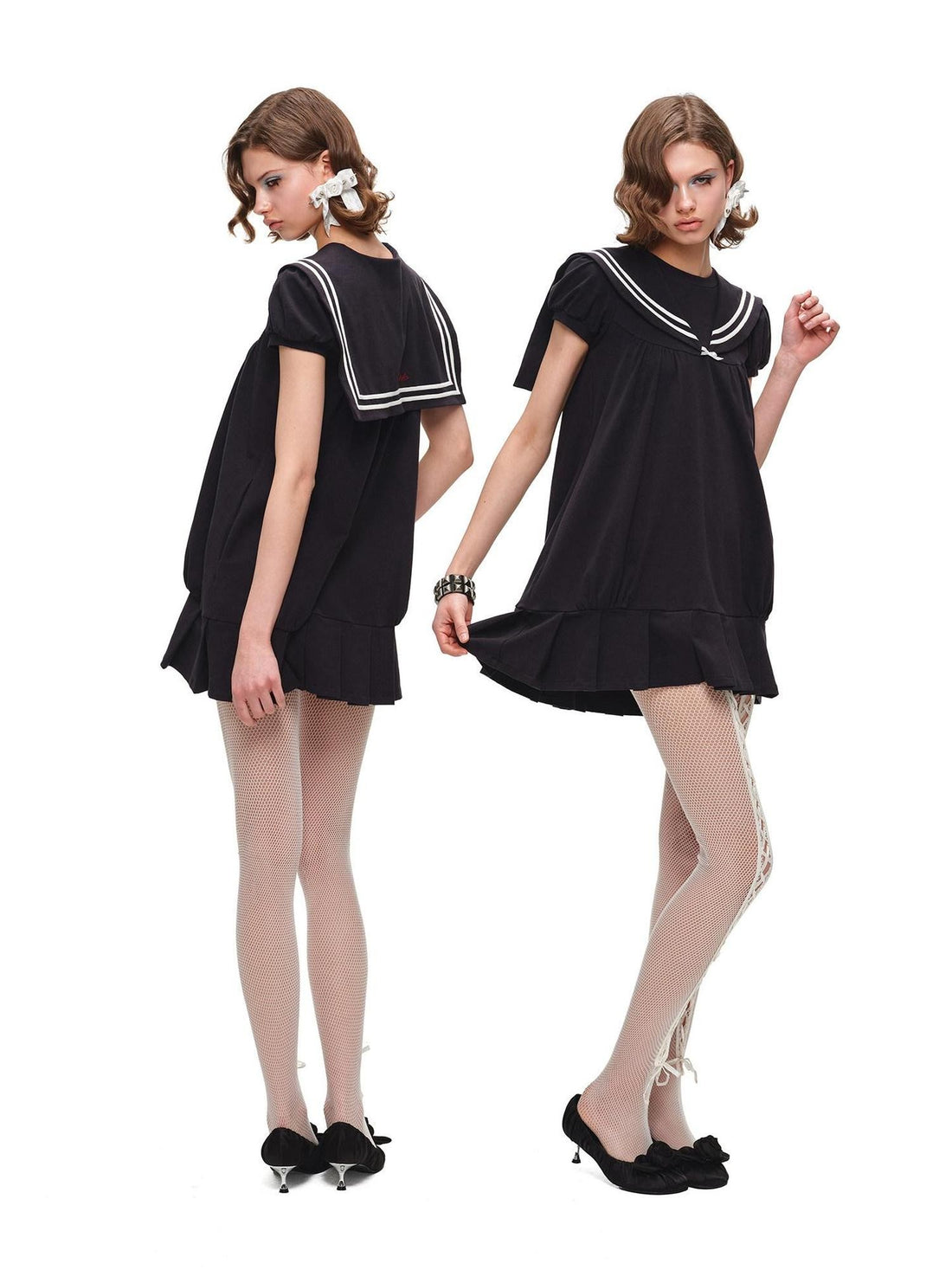 1JINN STUDIO Vintage Sailor Collar Puff Sleeve H Line Women&