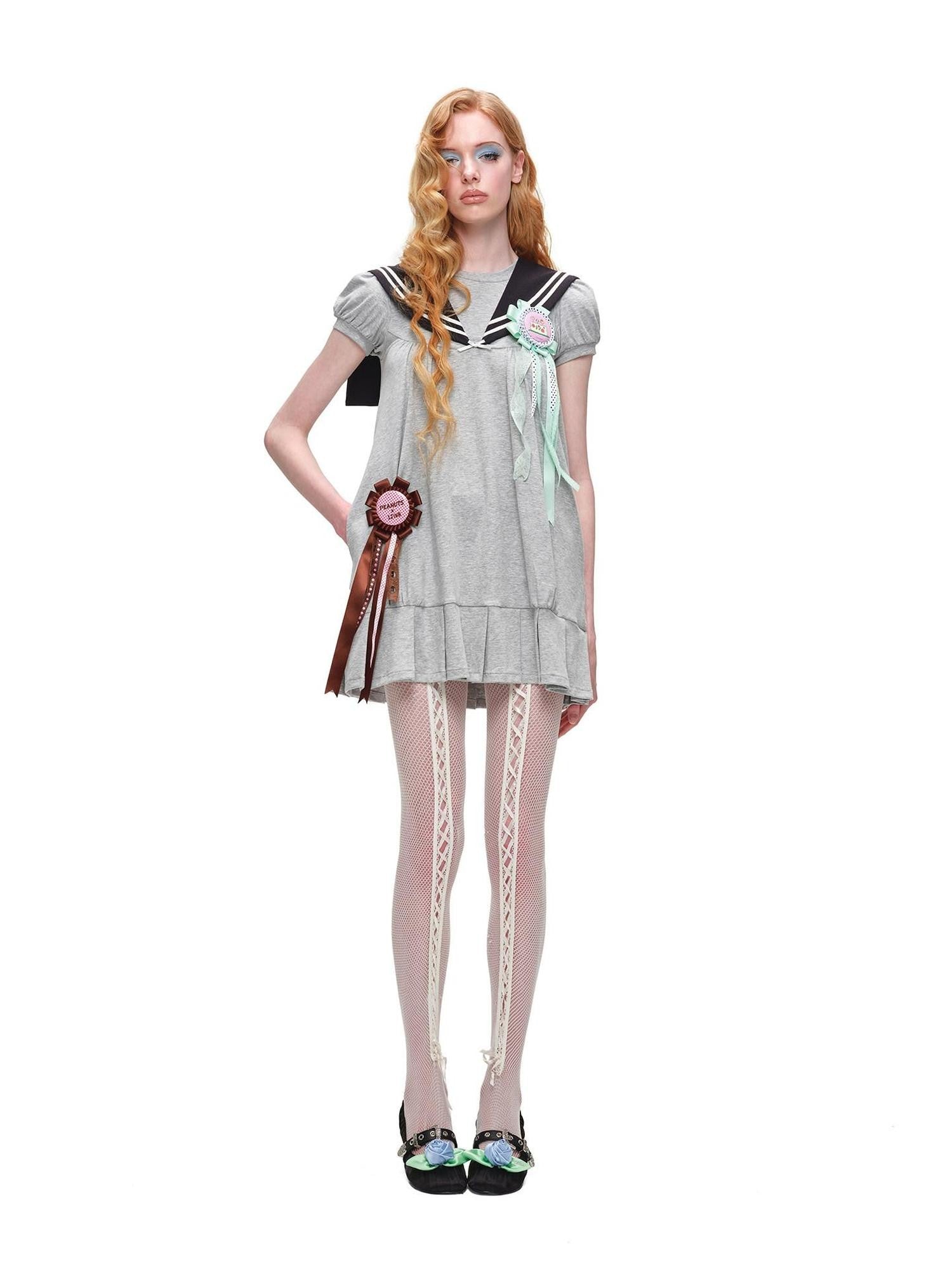 1JINN STUDIO Vintage Sailor Collar Puff Sleeve H Line Women&