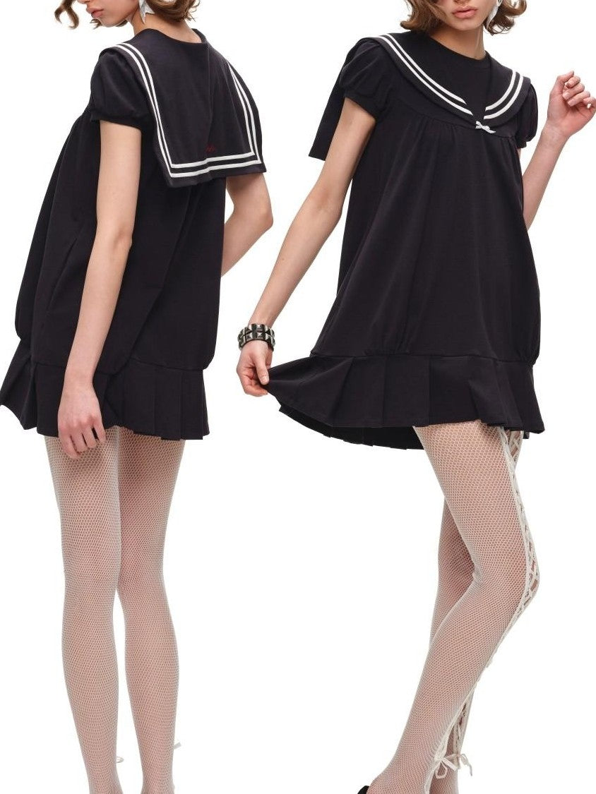 1JINN STUDIO Vintage Sailor Collar Puff Sleeve H Line Women&