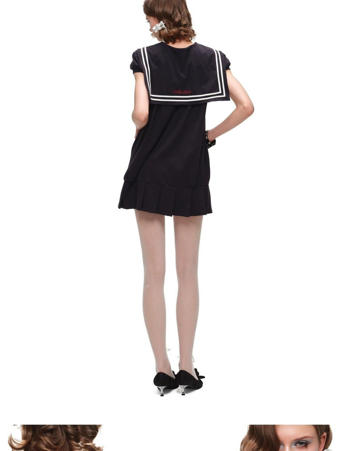 1JINN STUDIO Vintage Sailor Collar Puff Sleeve H Line Women&