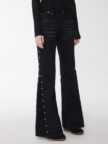 1JINN STUDIO Vintage Solid 3d Whisker Studded Low Waist Side Slit Women&