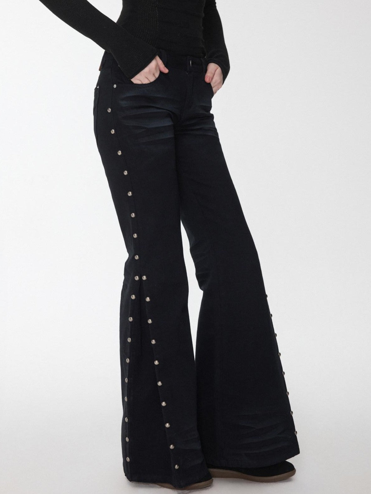 1JINN STUDIO Vintage Solid 3d Whisker Studded Low Waist Side Slit Women&