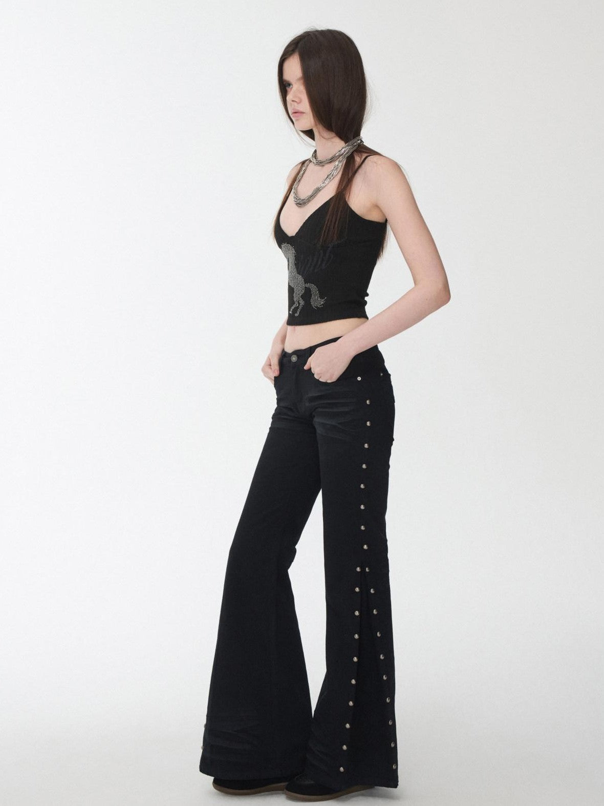 1JINN STUDIO Vintage Solid 3d Whisker Studded Low Waist Side Slit Women&
