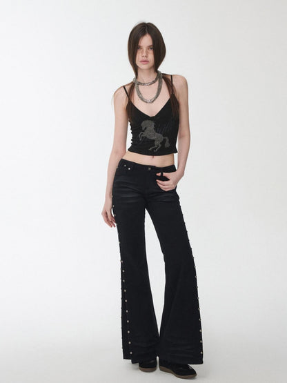 1JINN STUDIO Vintage Solid 3d Whisker Studded Low Waist Side Slit Women&