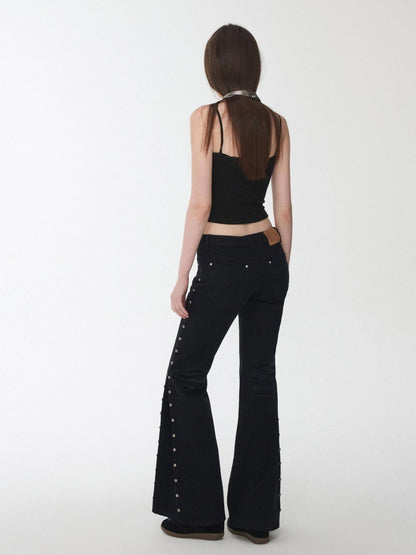 1JINN STUDIO Vintage Solid 3d Whisker Studded Low Waist Side Slit Women&
