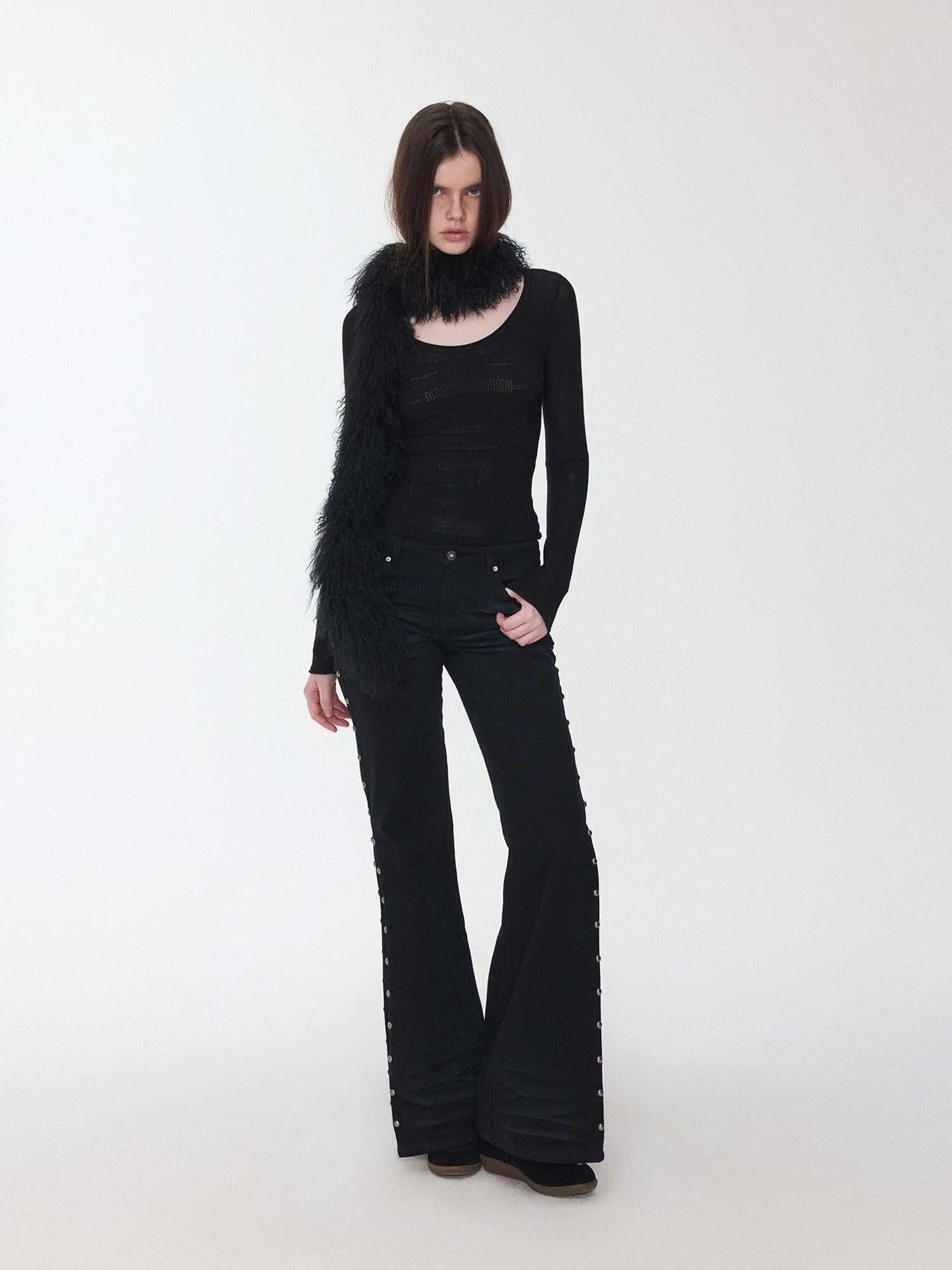 1JINN STUDIO Vintage Solid 3d Whisker Studded Low Waist Side Slit Women&