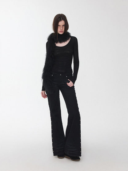 1JINN STUDIO Vintage Solid 3d Whisker Studded Low Waist Side Slit Women&