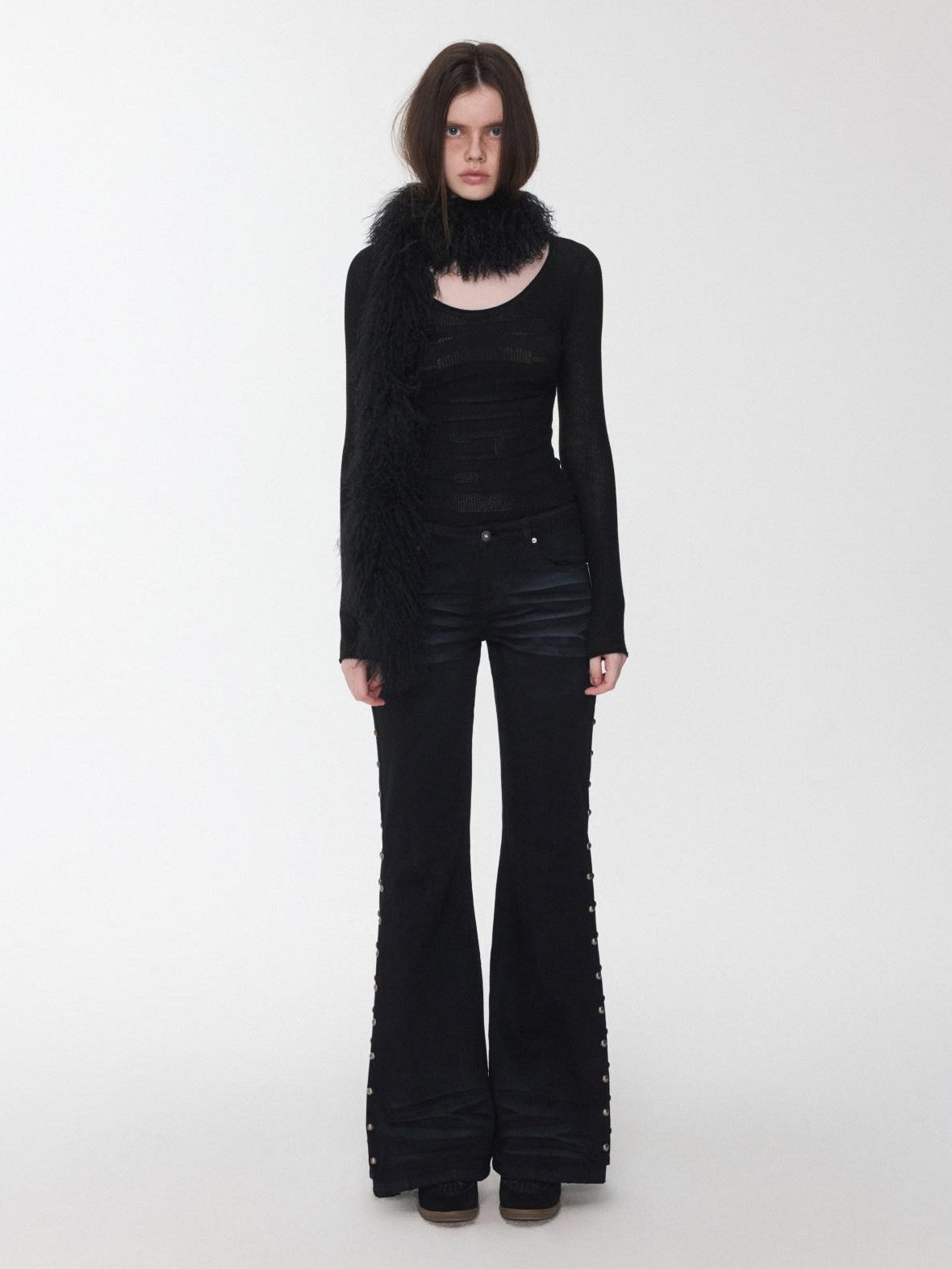 1JINN STUDIO Vintage Solid 3d Whisker Studded Low Waist Side Slit Women&