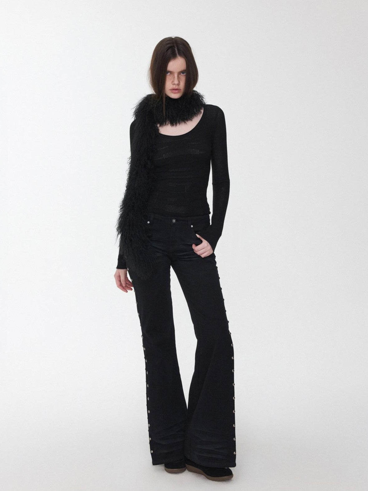 1JINN STUDIO Vintage Solid 3d Whisker Studded Low Waist Side Slit Women&