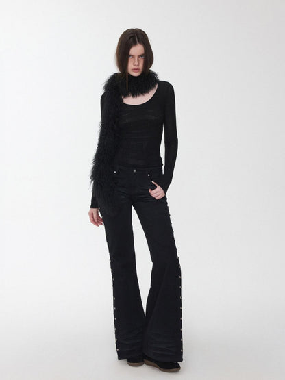 1JINN STUDIO Vintage Solid 3d Whisker Studded Low Waist Side Slit Women&