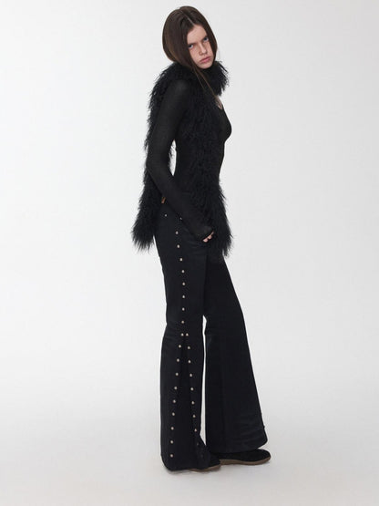 1JINN STUDIO Vintage Solid 3d Whisker Studded Low Waist Side Slit Women&
