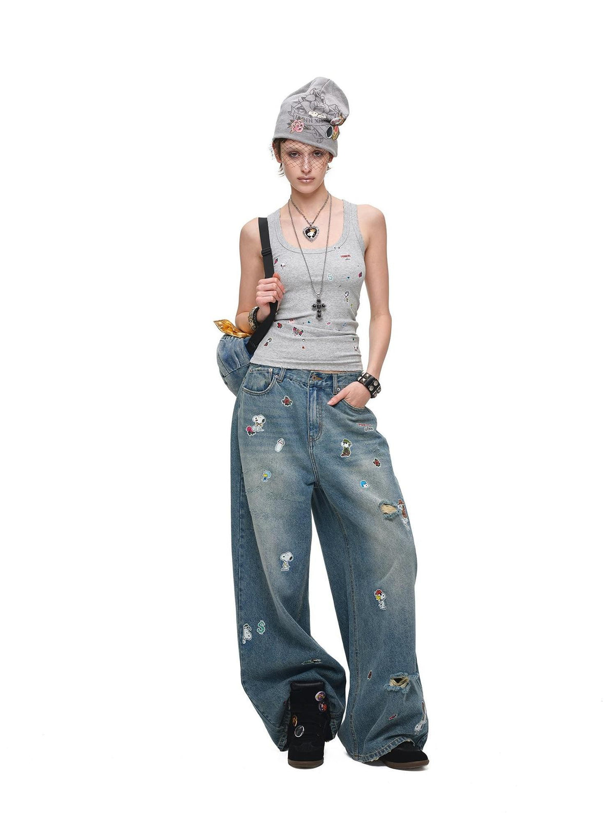 1JINN STUDIO Vintage Sticker Print Distressed Loose Women&