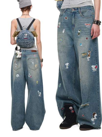1JINN STUDIO Vintage Sticker Print Distressed Loose Women&