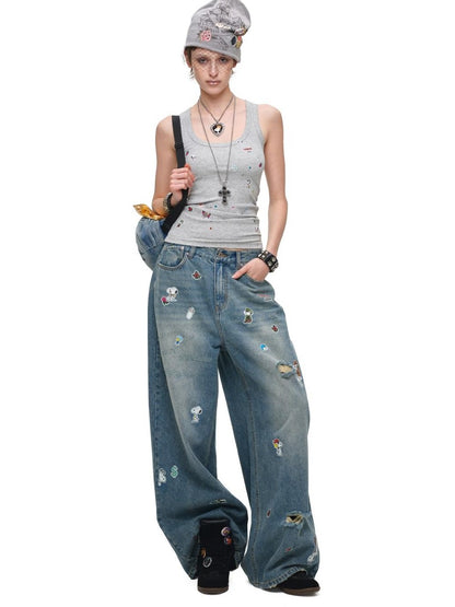 1JINN STUDIO Vintage Sticker Print Distressed Loose Women&