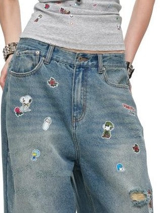 1JINN STUDIO Vintage Sticker Print Distressed Loose Women&