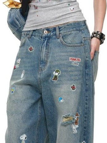1JINN STUDIO Vintage Sticker Print Distressed Loose Women&