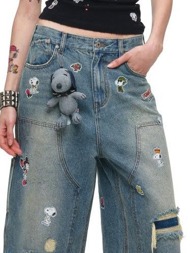 1JINN STUDIO Vintage Sticker Print Washed U Neck Wide Strap Women&
