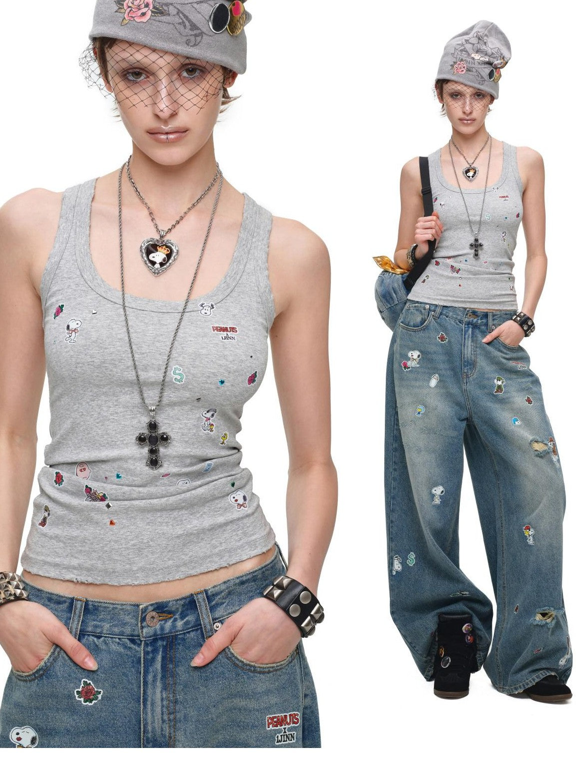 1JINN STUDIO Vintage Sticker Print Washed U Neck Wide Strap Women&